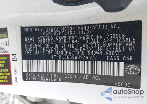 2008 Toyota Avalon Limited z USA, uszkodzony, nr VIN 4T1BK36B88U276522